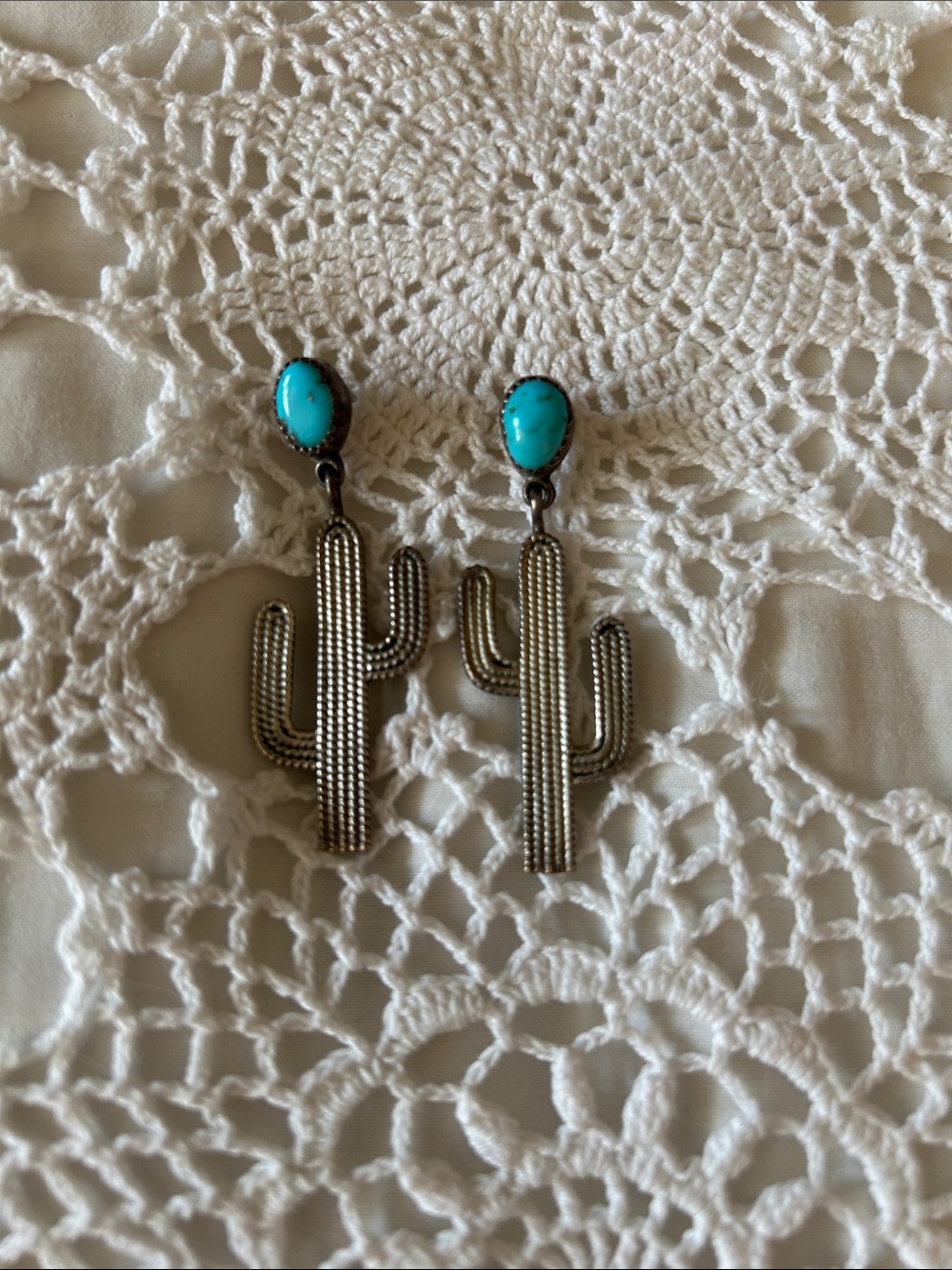 Kingman Turquoise and Sterling Cactus Drop Earrings